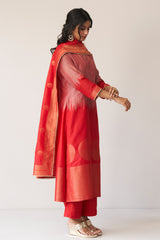 Dusty Onion Pink and Red Ombre Woven Kurta Set