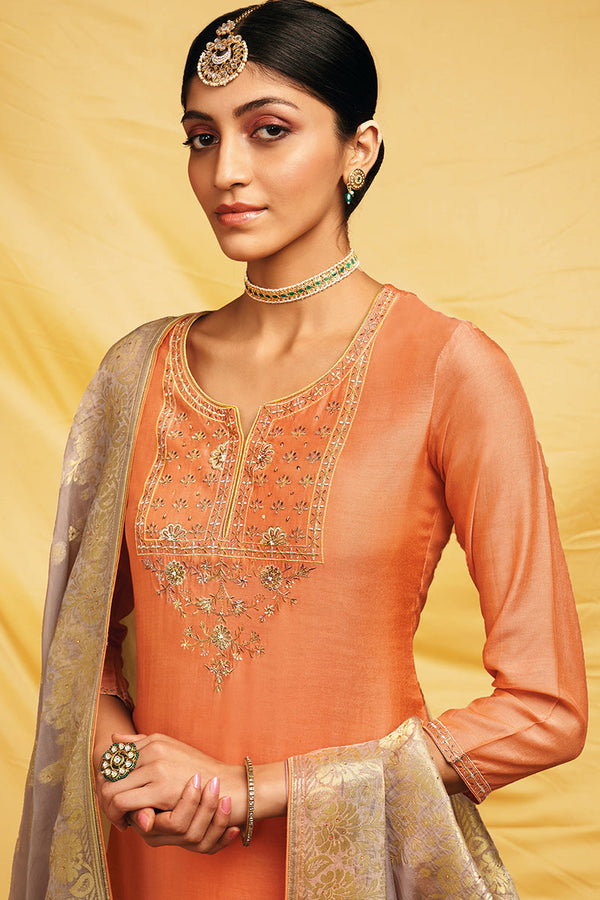 Peach Premium Bemberg Moonga Silk Embroidered Suit with Organza Jacquard Dupatta