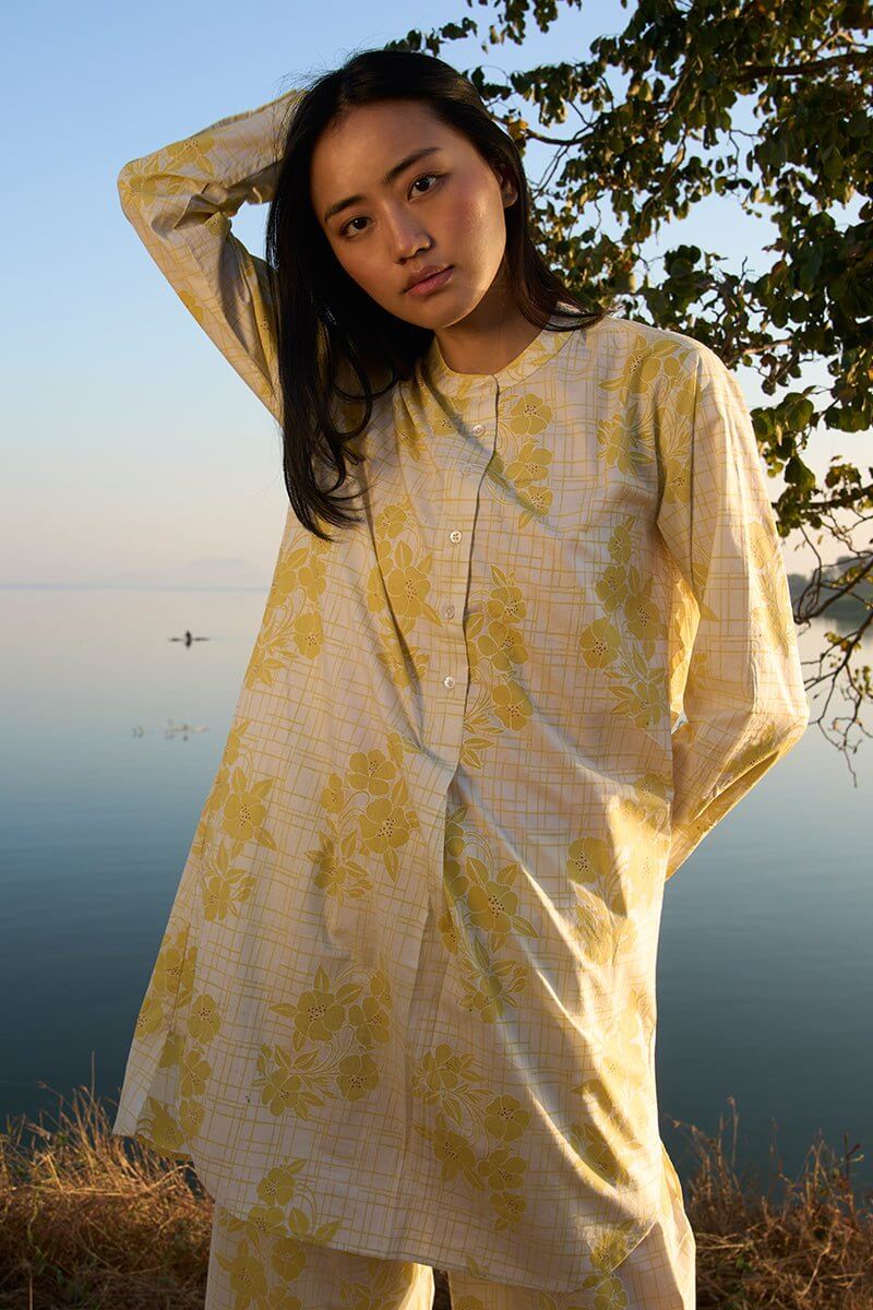 Yellow-off White Pure Cotton Co-ord Set