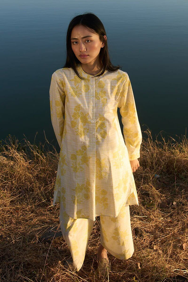Yellow-off White Pure Cotton Co-ord Set