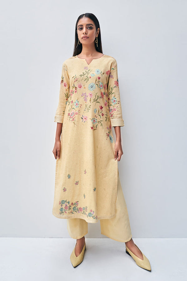 Yellow Cotton Slub Printed Suit with Printed Chiffon Dupatta