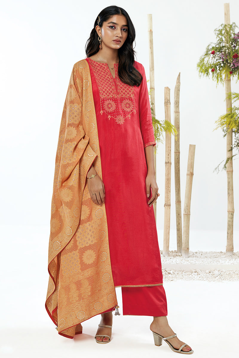 Bemberg Moonga Silk Embroidered Top With Viscose Georgette Jacquard Dupatta in Red Color