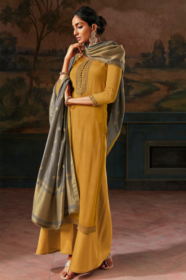 Mustard Makhmali Chiffon Satin Suit with Lawn Jacquard Dupatta