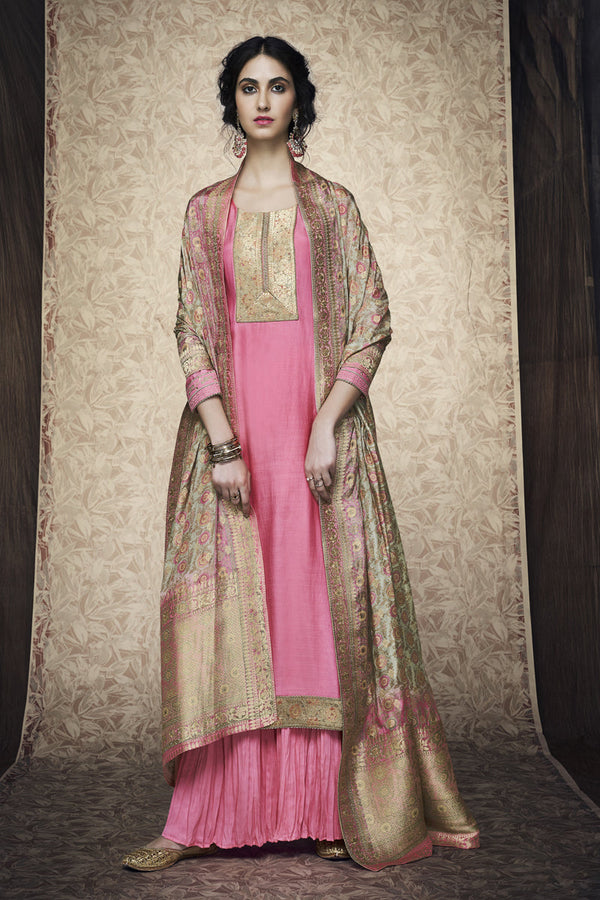 Pink Silk Suit with Banarasi Jacquard Dupatta