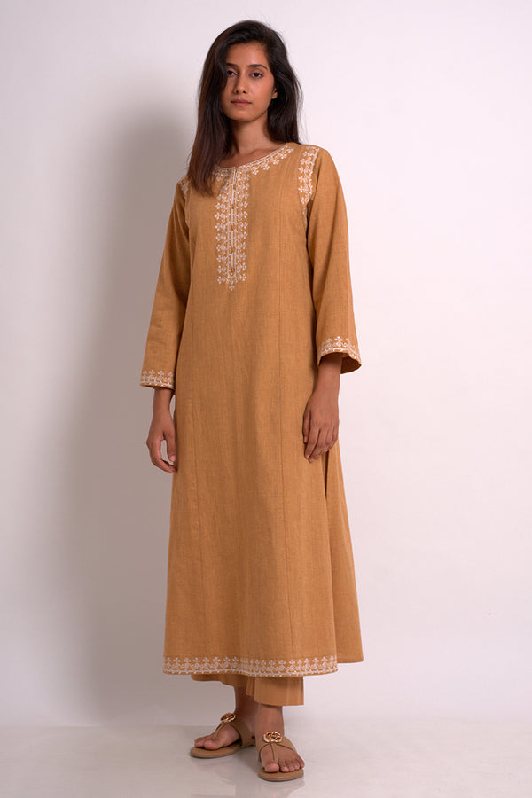 Mustard cotton woven embroidered kurta with cotton bottom