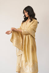 Gold Beige Silk Jacquard Kurta Set