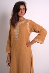 Mustard Cotton Woven Embroidered Kurta With Cotton Bottom