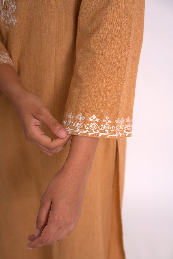 Mustard Cotton Woven Embroidered Kurta With Cotton Bottom