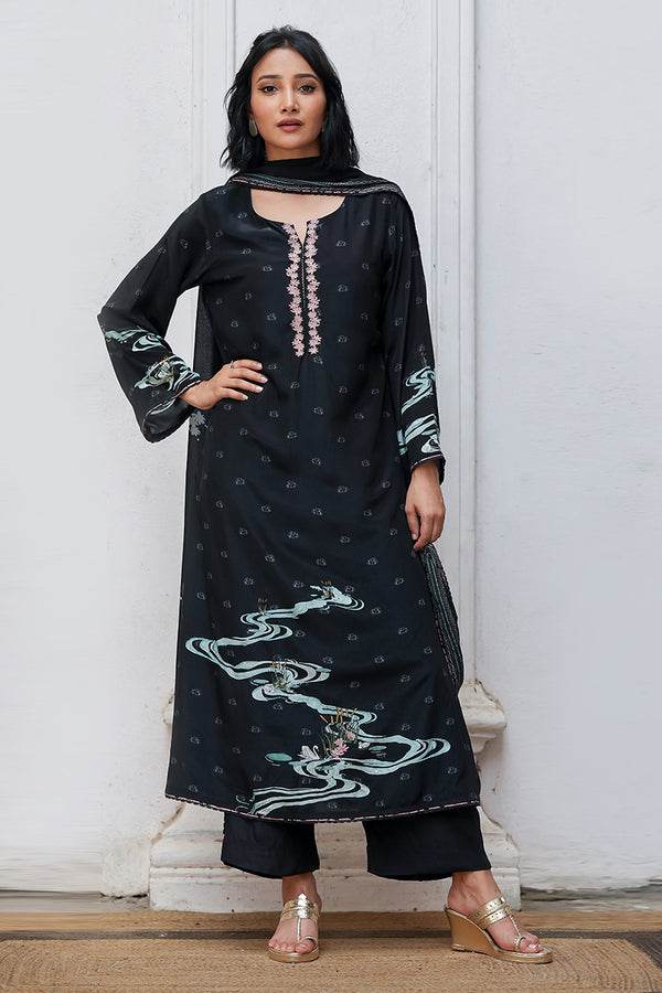 Black Bemberg Silk Salwar Suit With Chinon Silk Dupatta