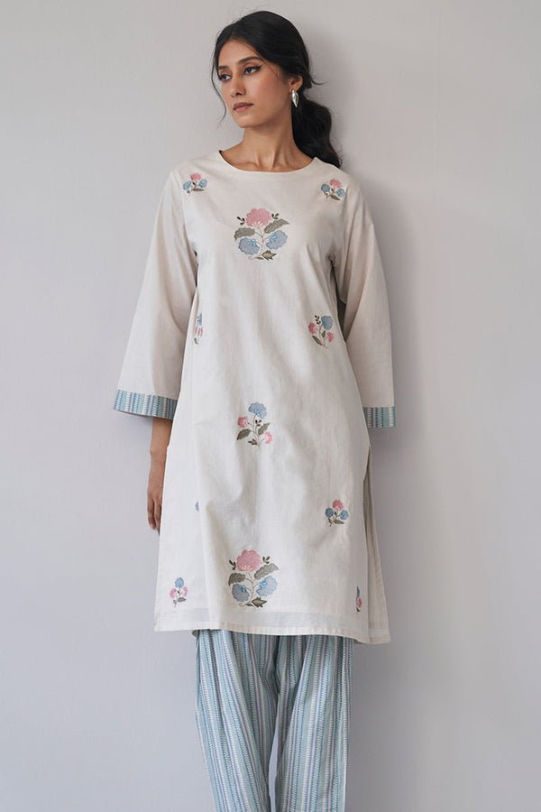 Beige Embroidered Cotton Kurta With Printed Salwar