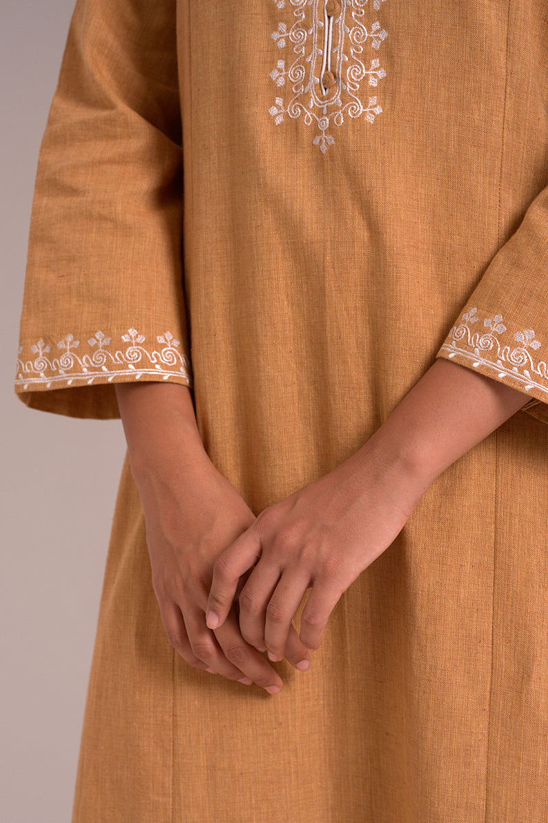 Mustard Cotton Woven Embroidered Kurta With Cotton Bottom