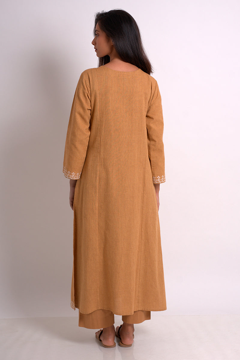 Mustard Cotton Woven Embroidered Kurta With Cotton Bottom