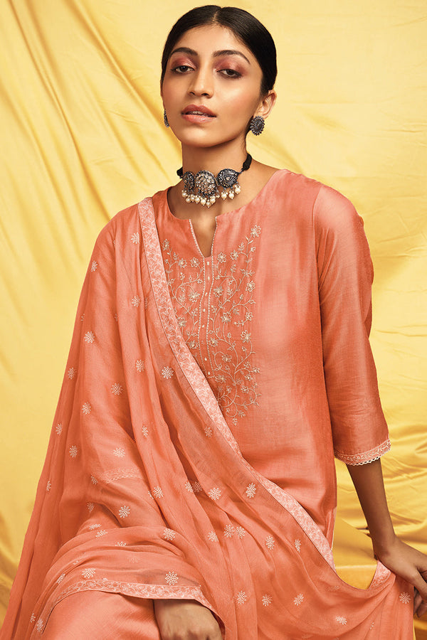 Peach Bemberg silk embroidered top with Chiffon Hand Printed Dupatta
