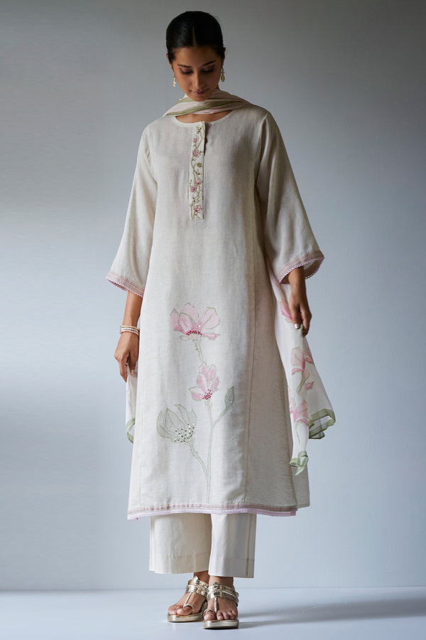 Cream and Beige Woven Kurta Suit Set With Chiffon Printed Dupatta