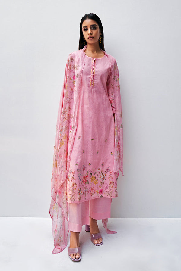 Pink Cotton Slub Printed Suit with Printed Chiffon Dupatta