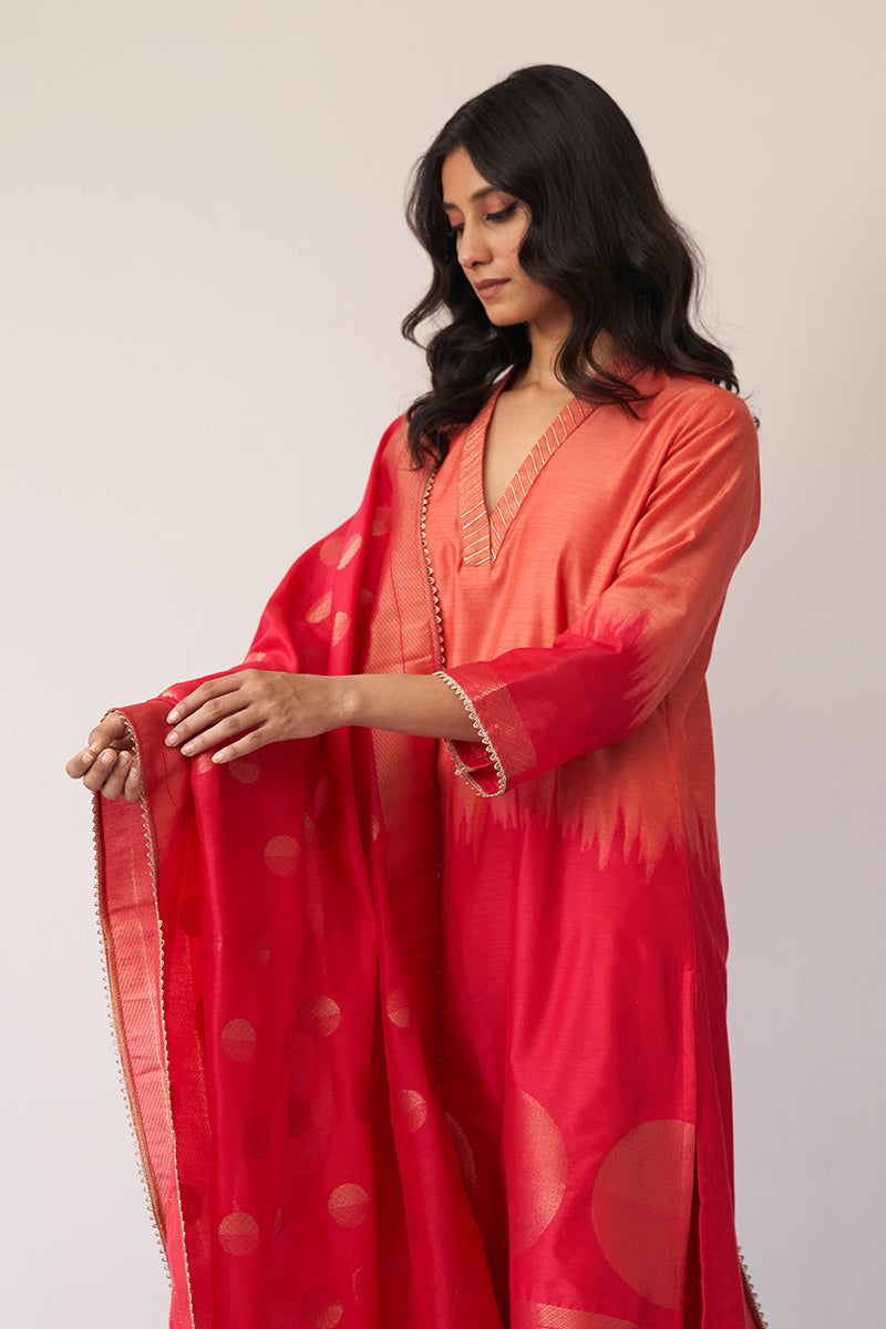 Peach and Pink Ombre Woven Kurta Set