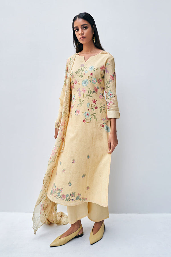 Yellow Cotton Slub Printed Suit with Printed Chiffon Dupatta