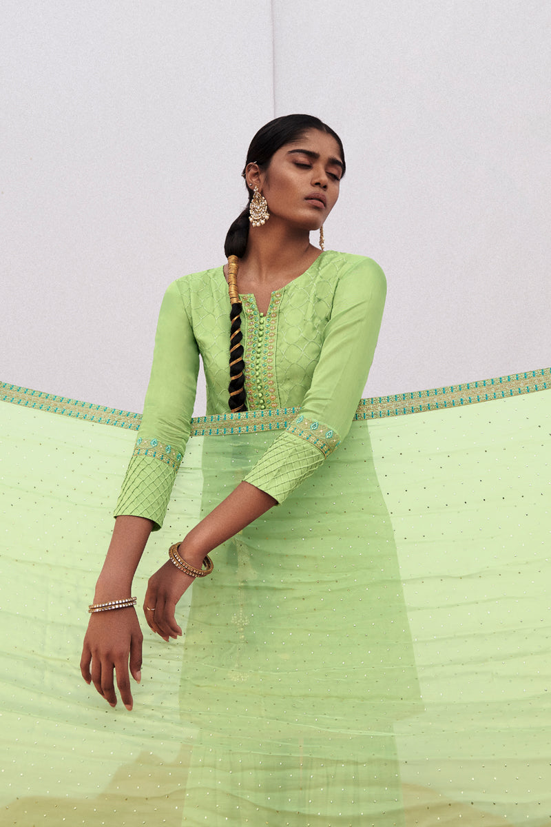 Green Habutai Silk Heavy Embroidered Suit with Embroidered Organza Dupatta