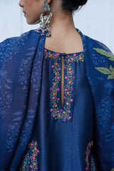Blue Raw Silk Salwar Suit With Organza Dupatta