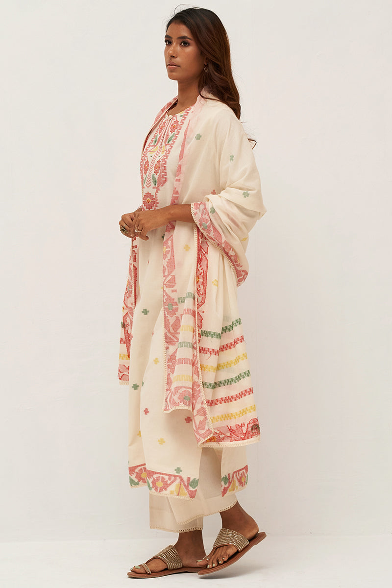 Cream Woven Cotton Linen Kurta With Cotton Bottom