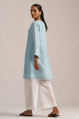 Canal Blue Linen Hand-Printed Kurta