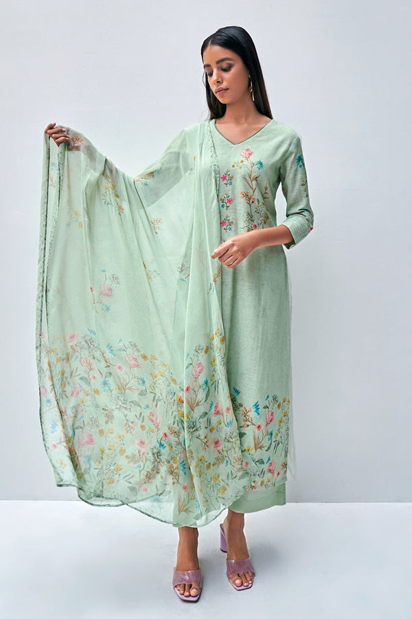Green Cotton Slub Printed Suit with Printed Chiffon Dupatta