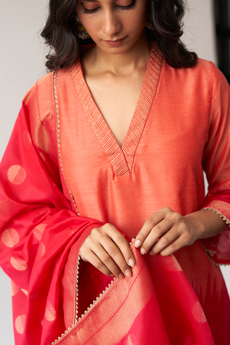 Peach and Pink Ombre Woven Kurta Set