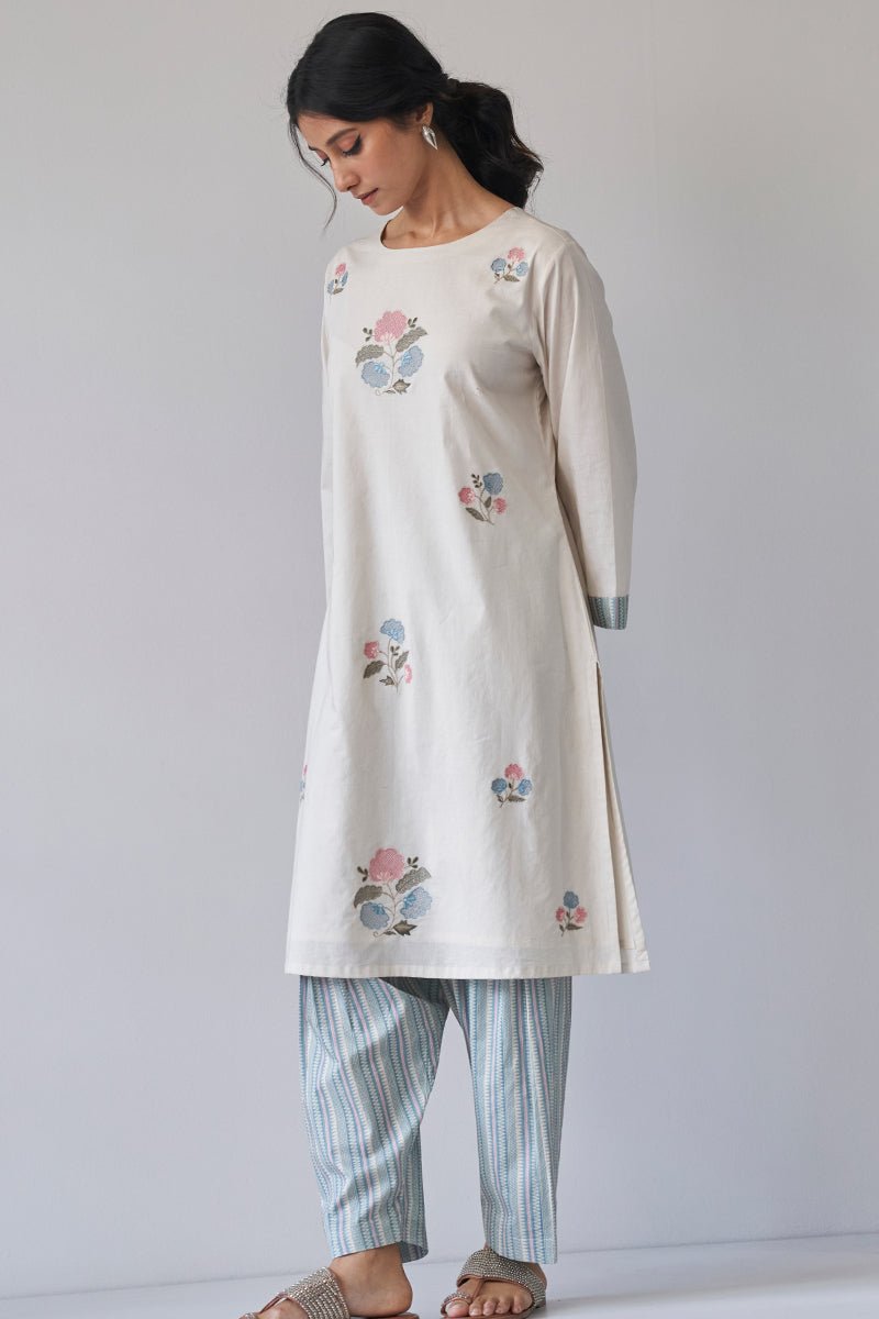 Beige Embroidered Cotton Kurta With Printed Salwar