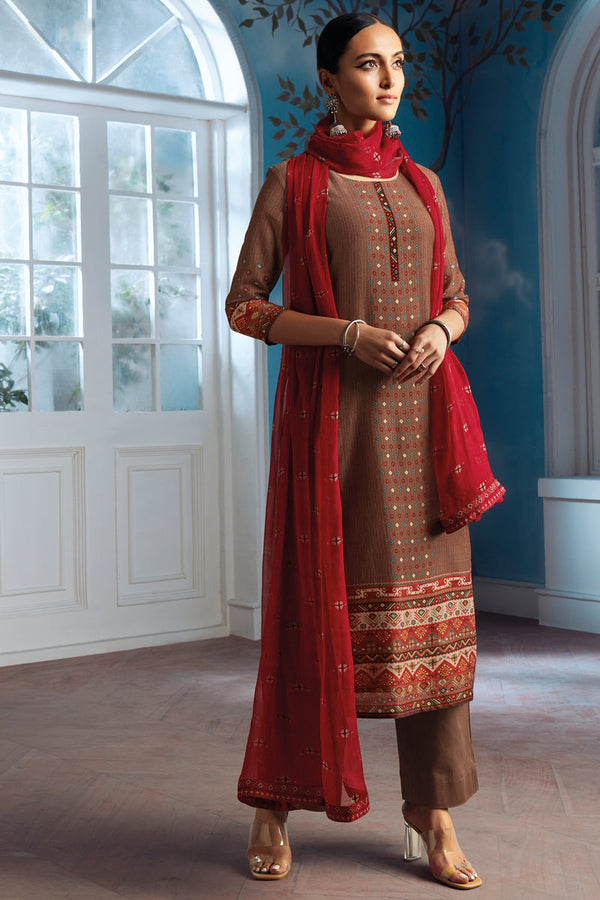 Brown Bemberg Silk Kurta with Chiffon Dupatta