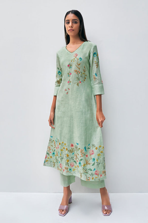 Green Cotton Slub Printed Suit with Printed Chiffon Dupatta