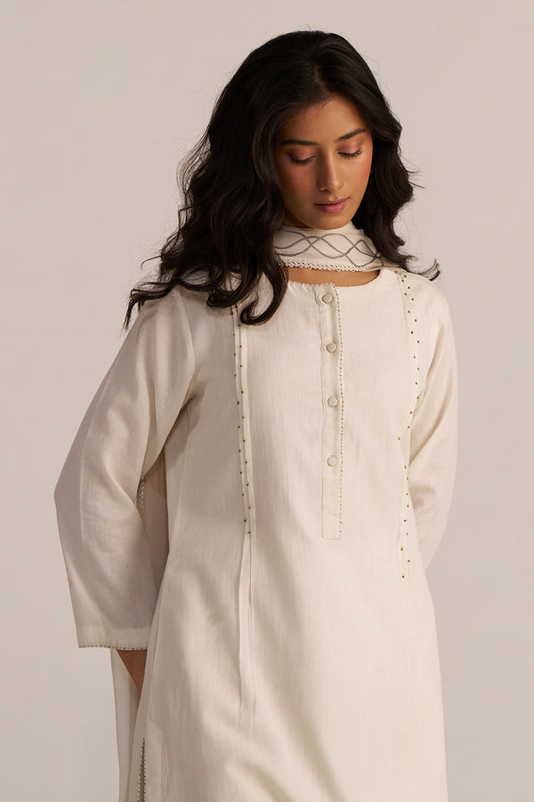 Off-White Cotton Woven Kurta Set