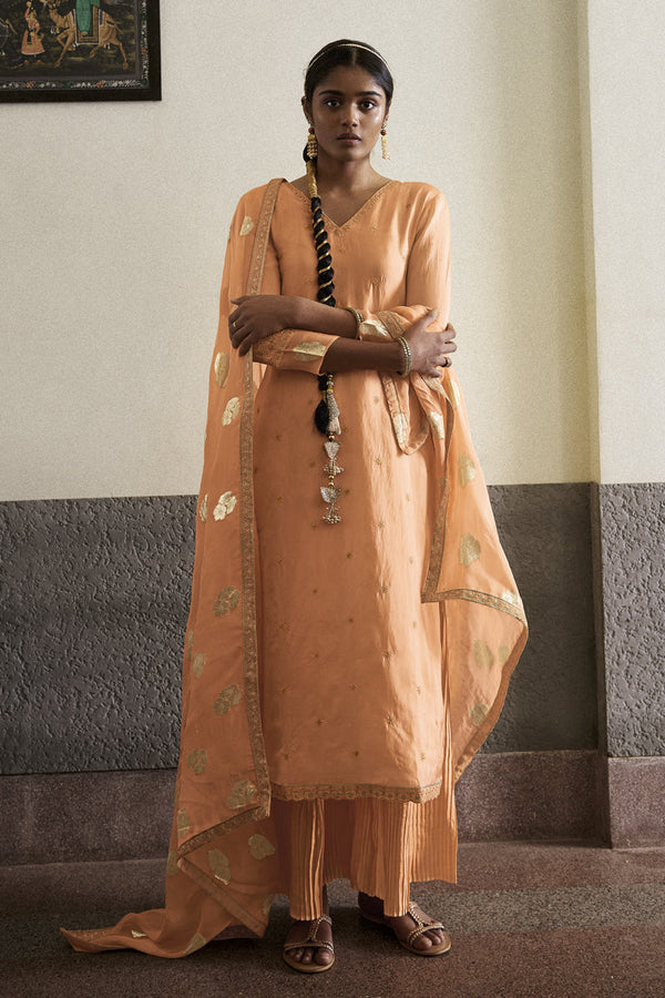 Orange Habutai Silk Embroidered Suit with Organza Jacquard Dupatta