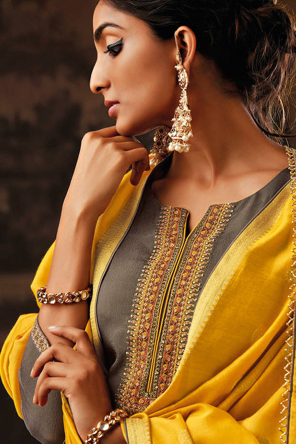 Grey Makhmali Chiffon Satin Suit with Lawn Jacquard Dupatta