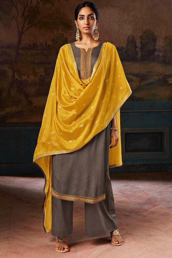 Grey Makhmali Chiffon Satin Suit with Lawn Jacquard Dupatta