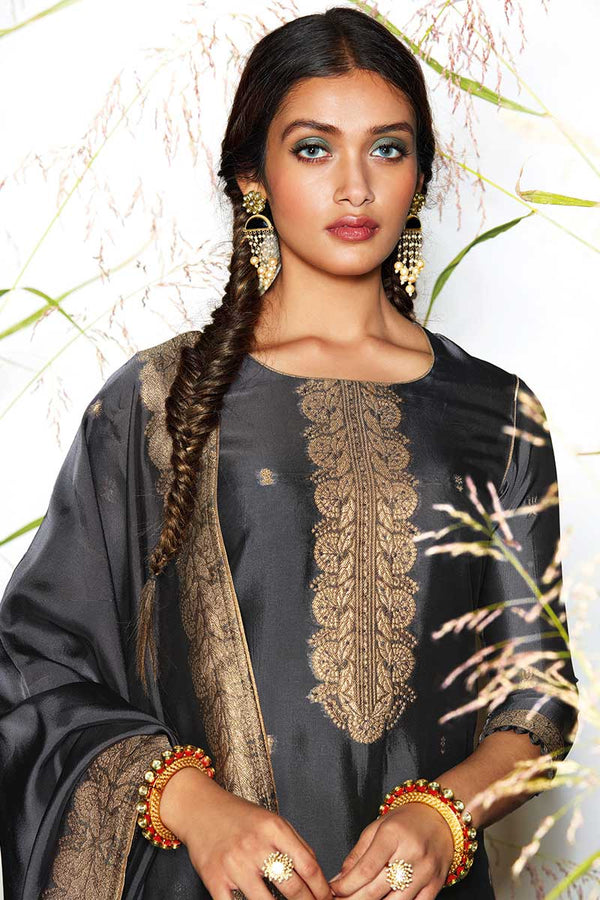 Grey Russian Silk Jacquard Kurta with Russian Silk Jacquard Dupatta