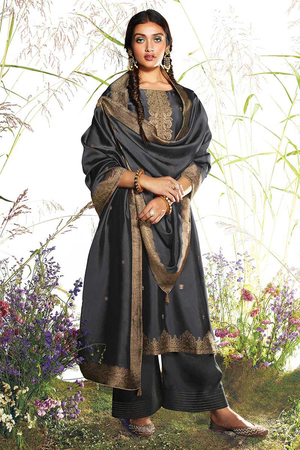 Grey Russian Silk Jacquard Kurta with Russian Silk Jacquard Dupatta