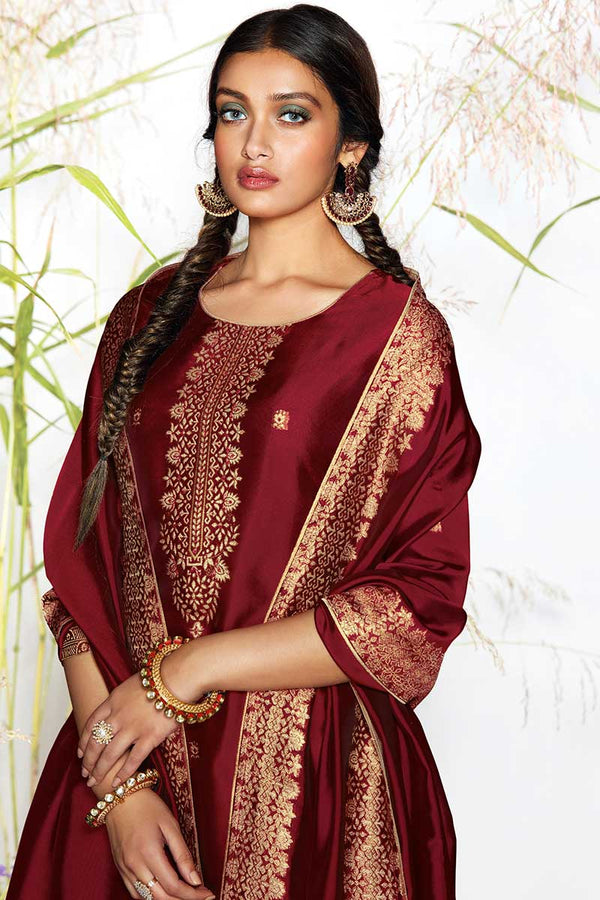 Maroon Russian Silk Jacquard Kurta with Russian Silk Jacquard Dupatta
