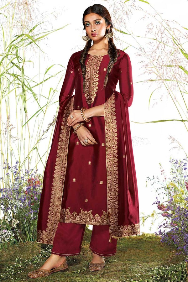 Maroon Russian Silk Jacquard Kurta with Russian Silk Jacquard Dupatta