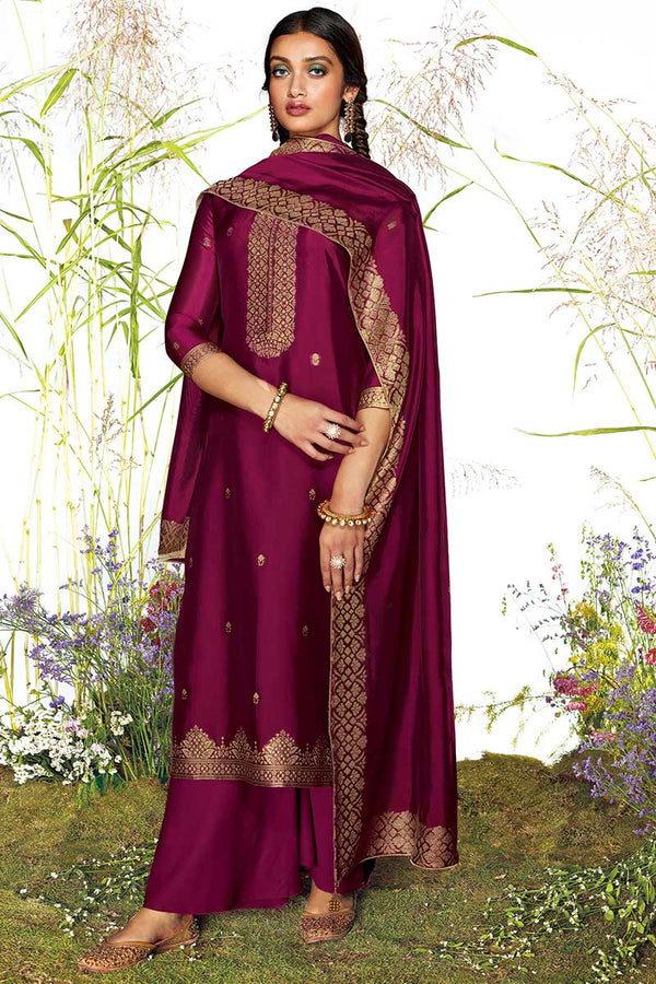 Magenta Russian Silk Jacquard Kurta with Russian Silk Jacquard Dupatta