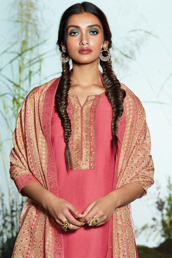 Pink Bemberg Moonga Silk Embroidered Top With Viscose Silk Jacquard Dupatta
