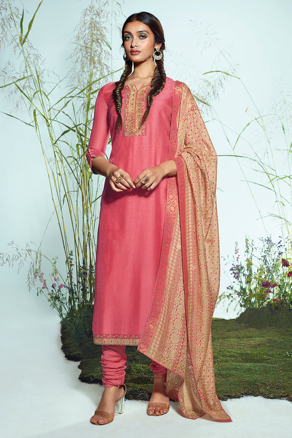 Pink Bemberg Moonga Silk Embroidered Top With Viscose Silk Jacquard Dupatta