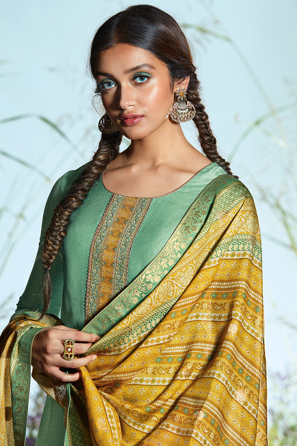 Green Bemberg Moonga Silk Embroidered Top With Viscose Silk Jacquard Dupatta