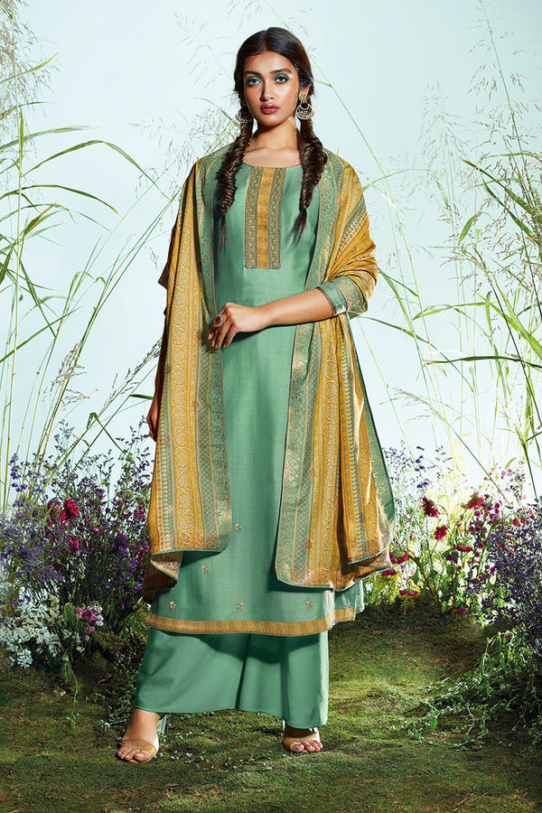 Green Bemberg Moonga Silk Embroidered Top With Viscose Silk Jacquard Dupatta