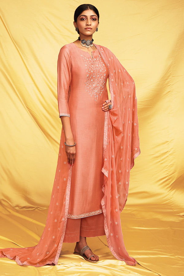 Peach Bemberg silk embroidered top with Chiffon Hand Printed Dupatta