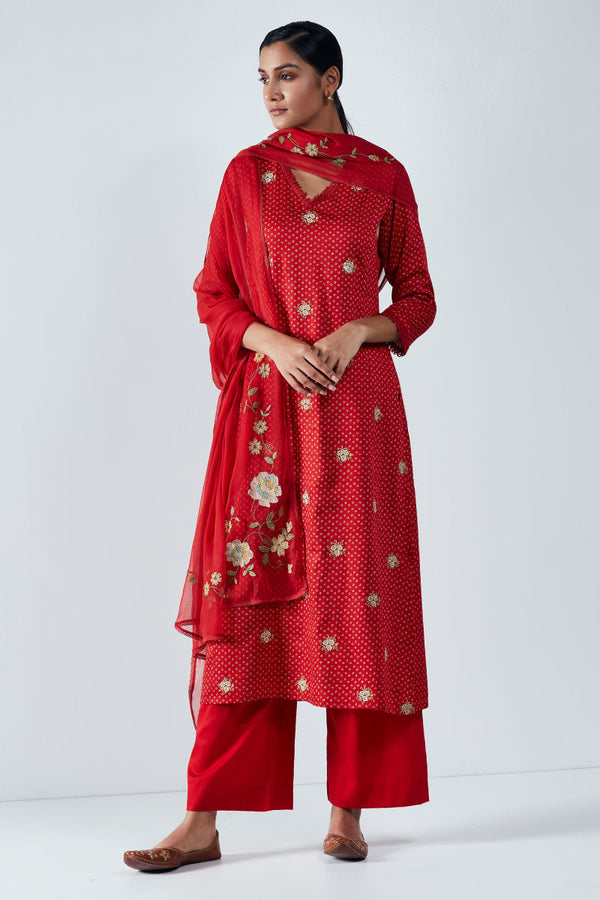 Cotton Satin Thread Embroidered Top With Bemberg Chiffon Embroidered Dupatta