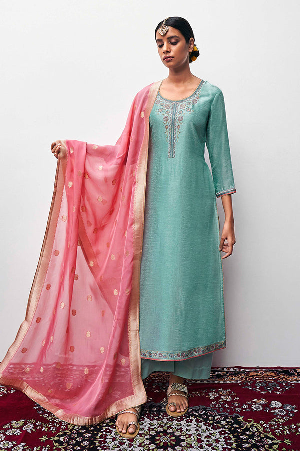Sea Green Bemberg Moonga Silk Embroidered Top With Organza Jacquard Dupatta