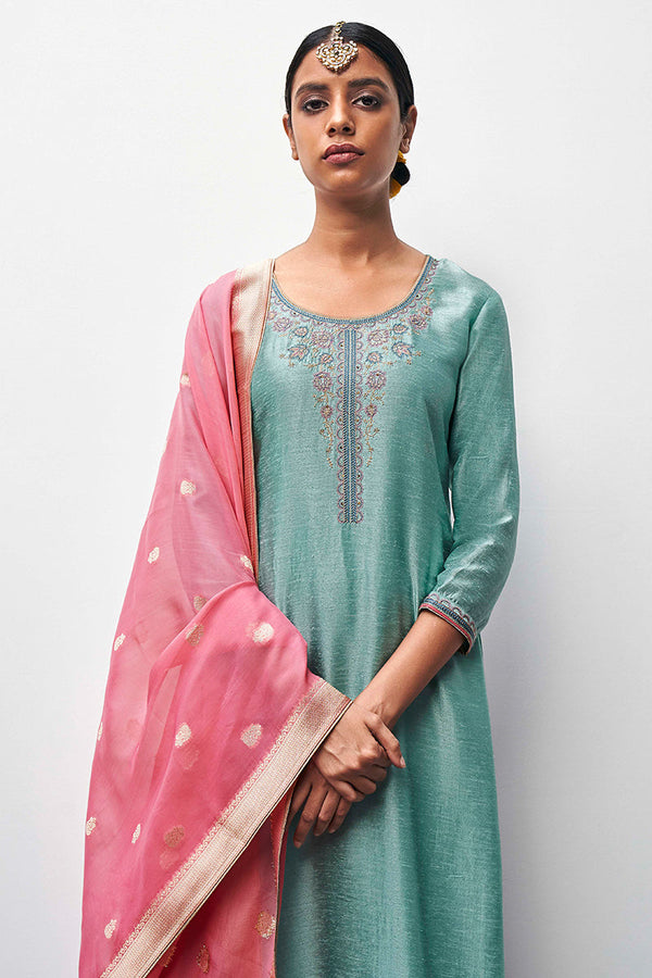 Sea Green Bemberg Moonga Silk Embroidered Top With Organza Jacquard Dupatta