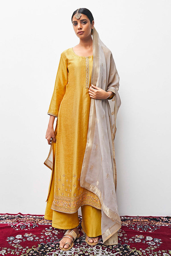Mustard Bemberg Moonga Silk Embroidered Top With Organza Jacquard Dupatta