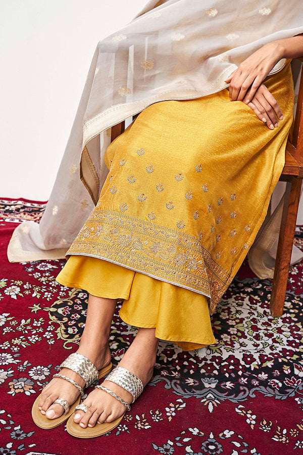 Mustard Bemberg Moonga Silk Embroidered Top With Organza Jacquard Dupatta