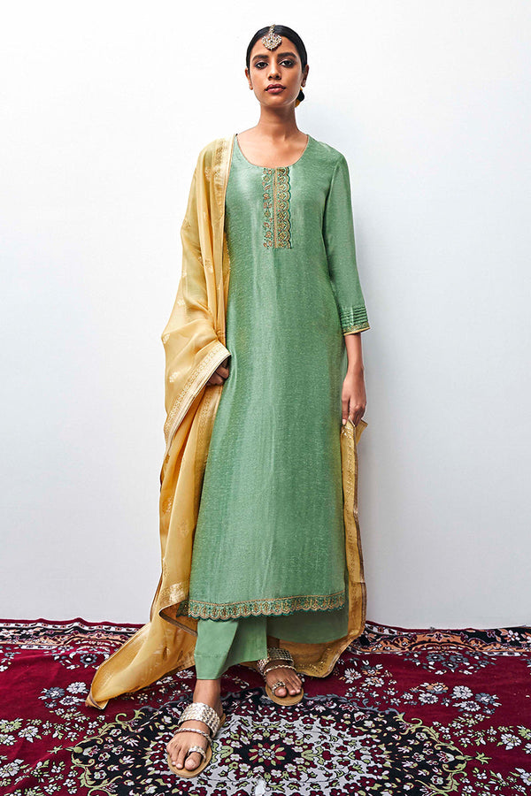 Pista Green Bemberg Moonga Silk Embroidered Top With Organza Jacquard Dupatta